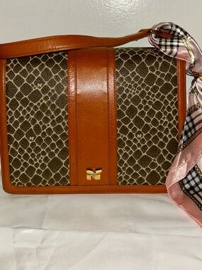 Nina Ricci Brown & Tan Patterned Canvas Satchel with Gold 'N' Logo